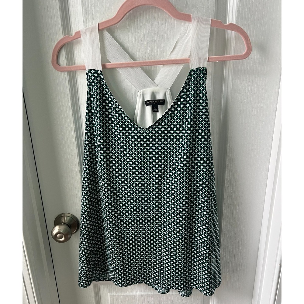 Banana Republic Womens Top Green Black White Geometric Print Sleeveless Size L